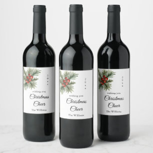 Etiqueta Para Botella De Vino Rama de alegría navideña con bayas con letra scrip