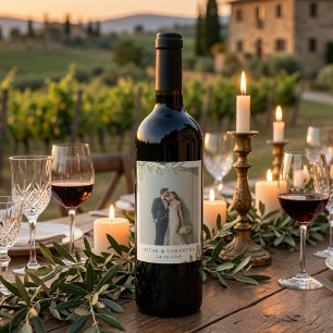 Etiqueta Para Botella De Vino Rama de olivo de boda con foto personalizada