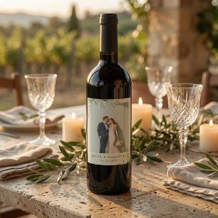 Etiqueta Para Botella De Vino Rama de olivo personalizada para boda en saga verd