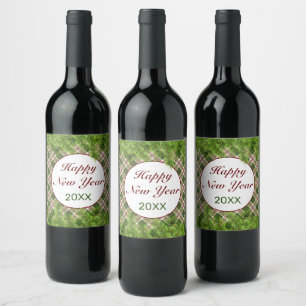 Etiqueta Para Botella De Vino Rama verde roja de yeso y pino Feliz Año Nuevo