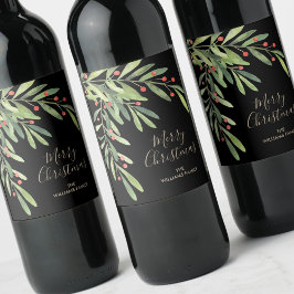 Etiqueta Para Botella De Vino Ramas Bayas Navidad Fiesta Negro