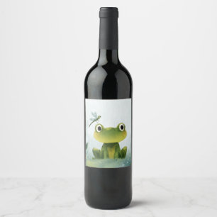 Etiqueta Para Botella De Vino Rana Adorable y Libélula – Ilustración Suave de la