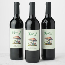 Etiqueta Para Botella De Vino Rana bajo una seta, naturaleza linda y alegre