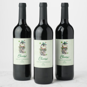 Etiqueta Para Botella De Vino Rana con sombrero verde y trébol simpático brindis