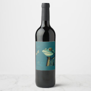 Etiqueta Para Botella De Vino Rana elegante y libélula - Animal surrealista vint