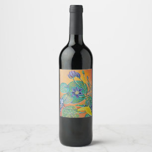 Etiqueta Para Botella De Vino ranas y nenúfares