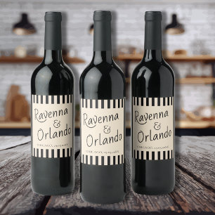 Etiqueta Para Botella De Vino Rayas Negras y Marfil Boda Retro Minimalista
