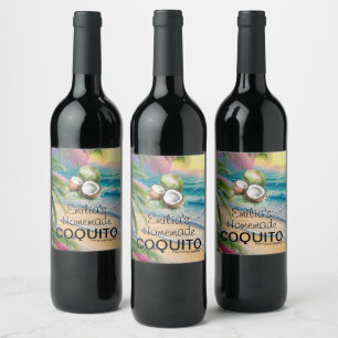 Etiqueta Para Botella De Vino Receta casera de Coquito Escena de playa de coco