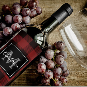 Etiqueta Para Botella De Vino Red Buffalo Plaid   Personal Inicial   Regalo