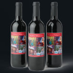 Etiqueta Para Botella De Vino Red Merry Christmas Photo Family<br><div class="desc">Etiqueta de vino de la Navidad de los Cerezos Rojos con fotos y texto cambiables - puedes agregar tus fotos y nombre de familia,  impresos en fondo rojo</div>