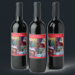Etiqueta Para Botella De Vino Red Merry Christmas Photo Family<br><div class="desc">Etiqueta de vino de la Navidad de los Cerezos Rojos con fotos y texto cambiables - puedes agregar tus fotos y nombre de familia,  impresos en fondo rojo</div>