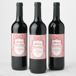 Etiqueta Para Botella De Vino Red Pink Stripes & Bow Frame Christmas
