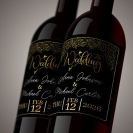 Etiqueta Para Botella De Vino Regalo de Boda Personalizado Elegante Negro y Dora
