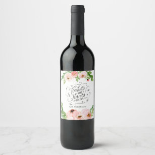 Etiqueta Para Botella De Vino Regalo del profesor de agradecimiento floral rosa 