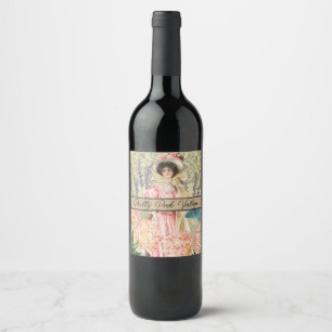 Etiqueta Para Botella De Vino Regencia de mujeres victorianas con flores rosadas