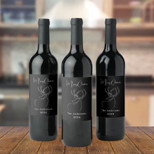Etiqueta Para Botella De Vino Reno de Navidad moderno doodle blanco negro