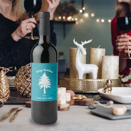 Etiqueta Para Botella De Vino Resumen Azul Blanco Árbol de Navidad Feliz Navidad