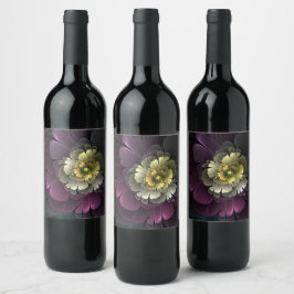 Etiqueta Para Botella De Vino Resumen de la flor fractal gris purpur moderna