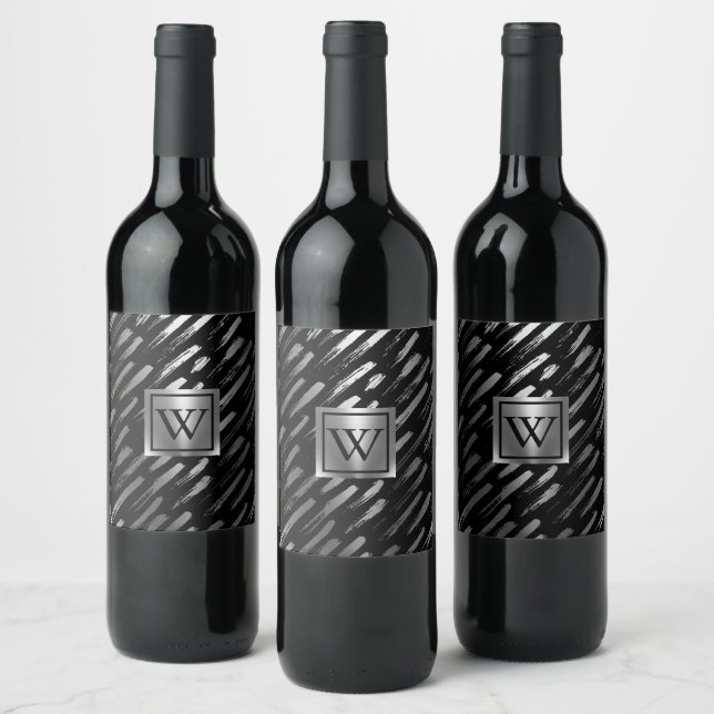 Etiqueta Para Botella De Vino Resumen metálico negro y plateado (Botellas)