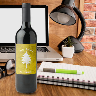 Etiqueta Para Botella De Vino Resumen Oro Árbol blanco de Navidad Feliz Navidad