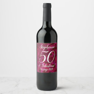 Etiqueta Para Botella De Vino Resumen Rosa Roja 50 y fabuloso cumpleaños