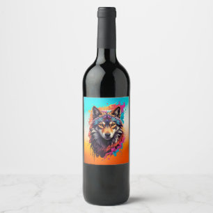 Etiqueta Para Botella De Vino Retrato de Lobo Colorido Arte de Animal Abstracto-