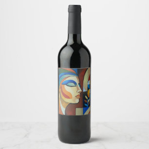 Etiqueta Para Botella De Vino Retrato de mujer cubista abstracto colorido person