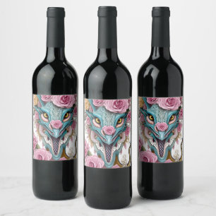Etiqueta Para Botella De Vino Retrato de una hermosa cabeza de dragón rosa capri