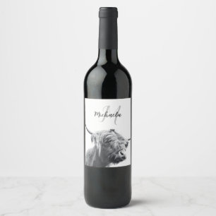Etiqueta Para Botella De Vino Retrato de vaca Highland monograma inicial blanco 