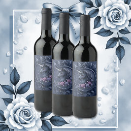 Etiqueta Para Botella De Vino Retrato negro de unicornio en un marco redondo