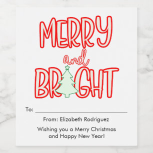 Etiqueta Para Botella De Vino Retro Merry y Bright Etiqueta Única de Regalo de B