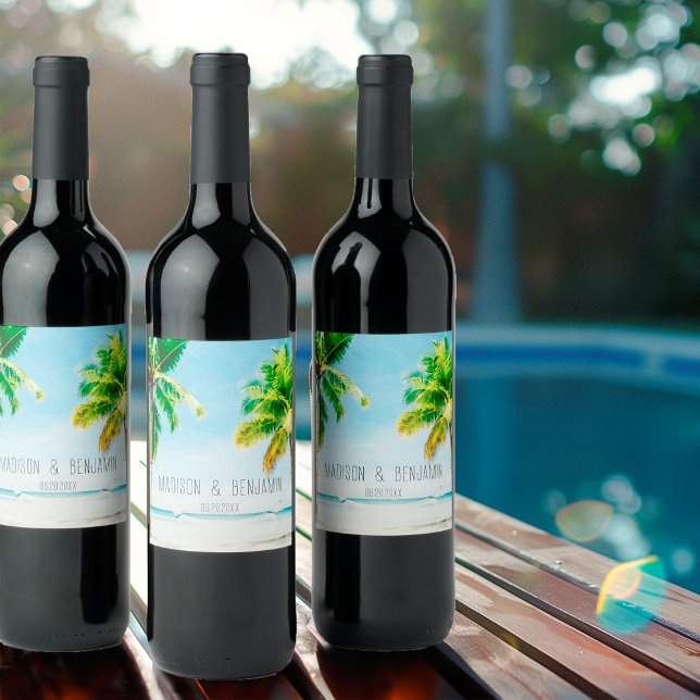 Etiqueta Para Botella De Vino Retro Playa Palmeras Bodas Personalizadas (Subido por el creador)
