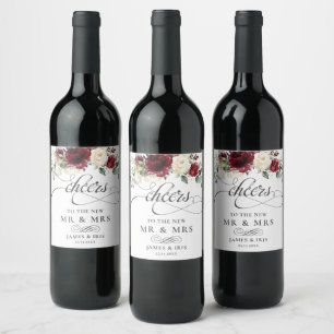 Etiqueta Para Botella De Vino Rica Boda floral blanca de marfil rojo y borgoña