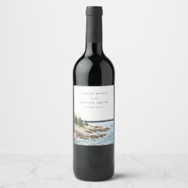 Etiqueta Para Botella De Vino Rocky Pine Watercolor Seascape Boda
