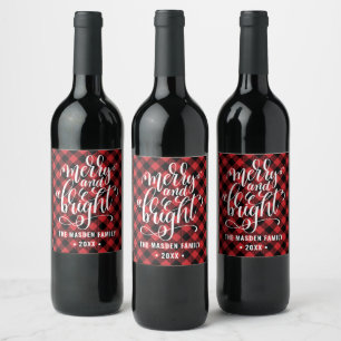 Etiqueta Para Botella De Vino Rojo Buffalo Plaid Merry And Bright Navidad