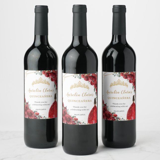Etiqueta Para Botella De Vino Rojo Floral Princesa Cumpleaños Quinceañera  (Botellas)