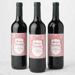 Etiqueta Para Botella De Vino Rojo Rosado Rayas y Marco de Arco de Navidad 