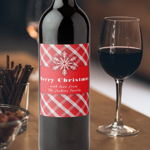 Etiqueta Para Botella De Vino Rojo Rústico de Cuadros Copo de Nieve Navidad