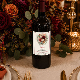 Etiqueta Para Botella De Vino Romántico Borgoña Oro Eucalipto Otoño boho floral