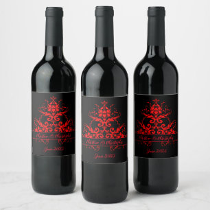 Etiqueta Para Botella De Vino Romántico, Elegante Vintage Rojo Damask 