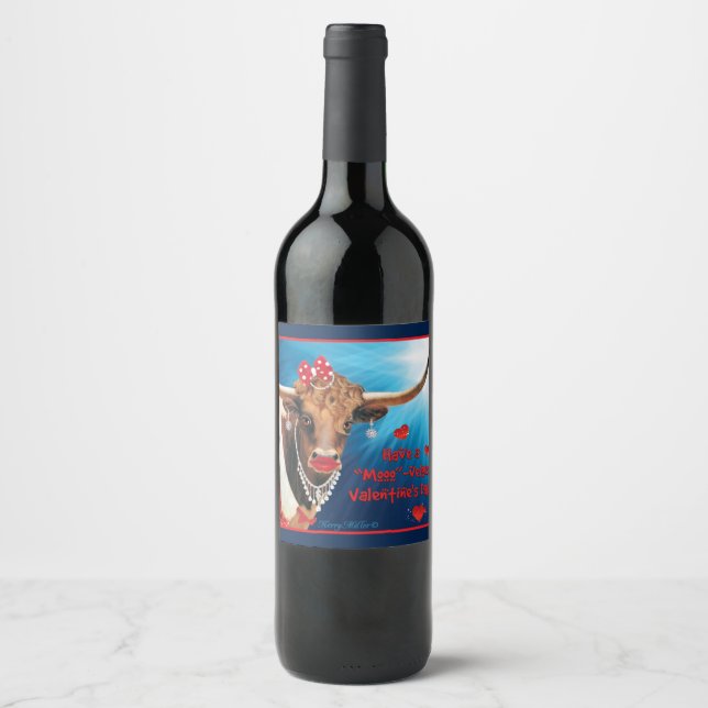 Etiqueta Para Botella De Vino Romántico Longhorn Cow Valentine (Anverso)
