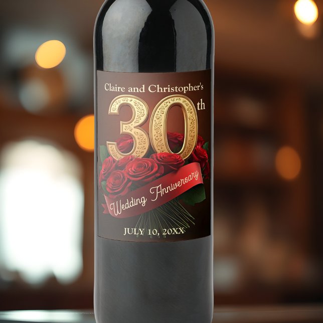 Etiqueta Para Botella De Vino Romántico Roses Roses Roses Oro 30 Aniversario Bod (Subido por el creador)