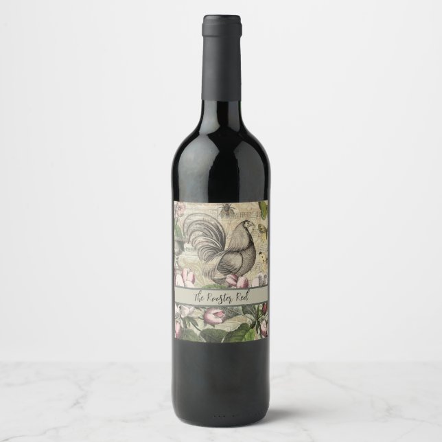 Etiqueta Para Botella De Vino Rooster Garden Flower Butfly Art (Anverso)