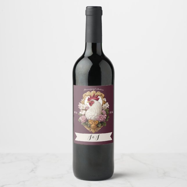 Etiqueta Para Botella De Vino Rooster Heraldic Crest, maroon, (Anverso)