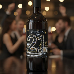 Etiqueta Para Botella De Vino Rosa Blanca con Diamante Negro y Dorado Cumpleaños