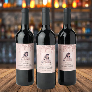 Etiqueta Para Botella De Vino Rosa de foto de cumpleaños purpurina de oro datos 