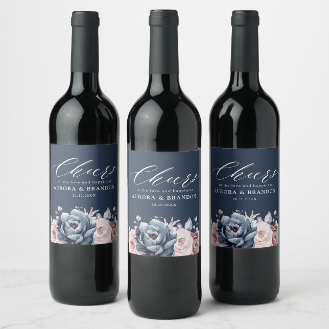 Etiqueta Para Botella De Vino Rosa de mauve azul turbio Boda floral de pizarra r (Botellas)