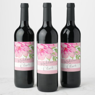 Etiqueta Para Botella De Vino Rosa de raya verde rosa Moda floral plateado