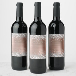 Etiqueta Para Botella De Vino Rosa Dorado Hoja Plateado Brillo Blanco