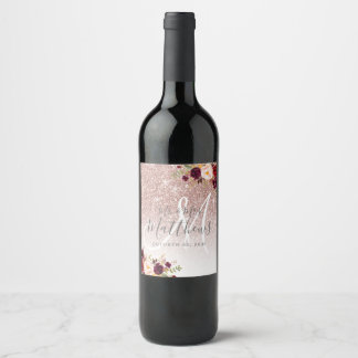 Etiqueta Para Botella De Vino Rosa floral borgoña Purpurina dorado Boda Monogram